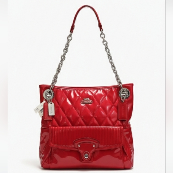 Coach NWT 2011 Poppy Cherry Red Liquid Gloss Patent Leather Quilted Bag - Picture 1 of 14